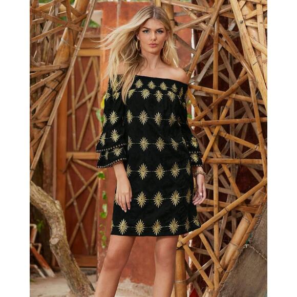 Boston Proper Women’s Large Black & Gold Metallic Detail Off-The-Shoulder Dress - Picture 1 of 7